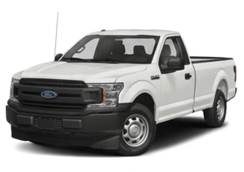 White Ford F-150 pickup truck, viewed from the front and driver’s side.